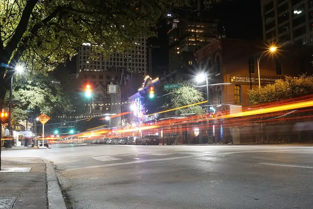 Sixth Street in Austin lit up at night