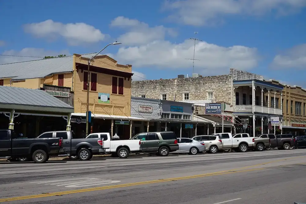 Historic storefronts along East Main Street in Fredericksburg, Texas