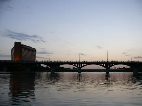 A cloud of bats flying out from under the Congress Avenue Bridge at dusk