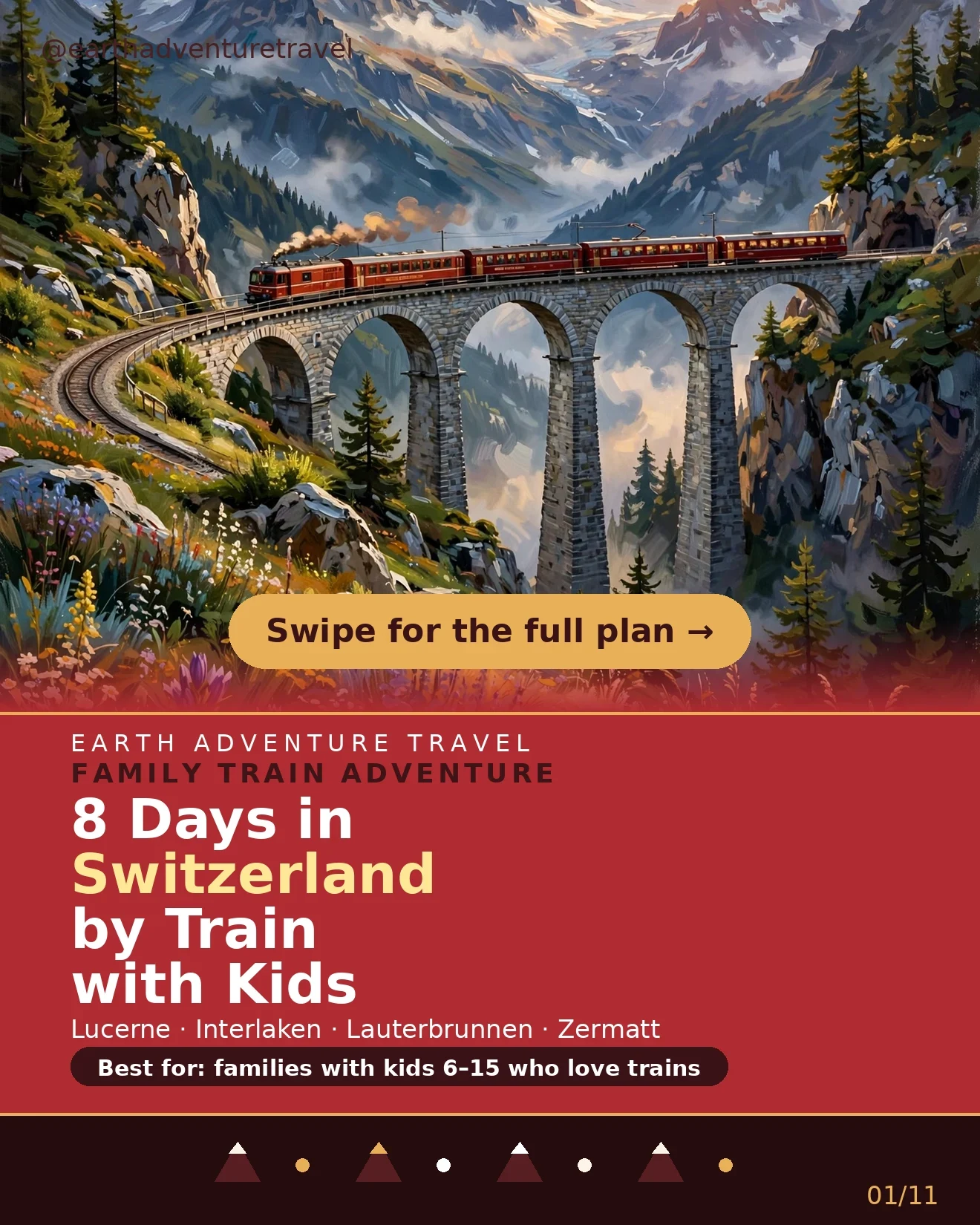 Illustrated family riding a red train through the Swiss Alps