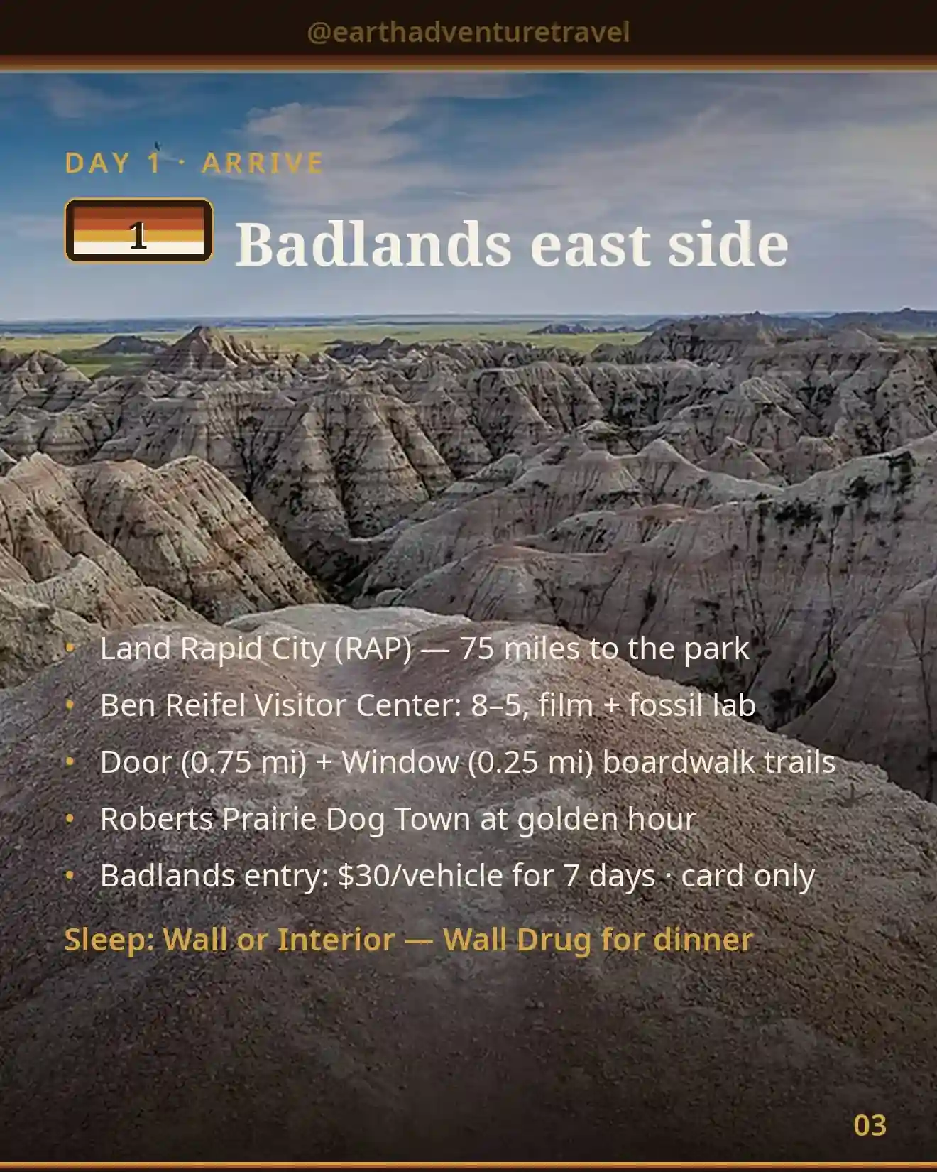 Day 1 itinerary card: arrive Badlands East, Sage Creek, prairie dogs