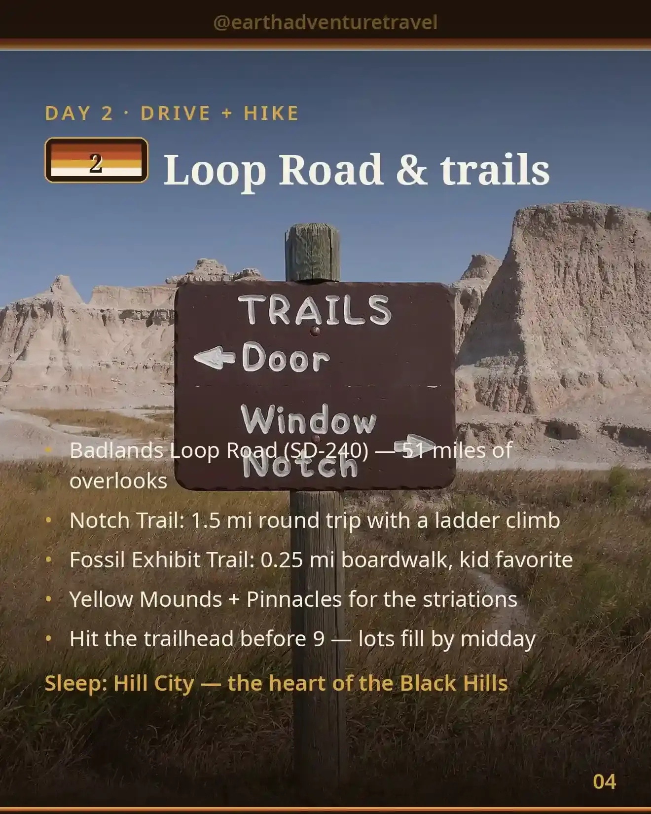 Day 2 itinerary card: Badlands Loop Road trails day