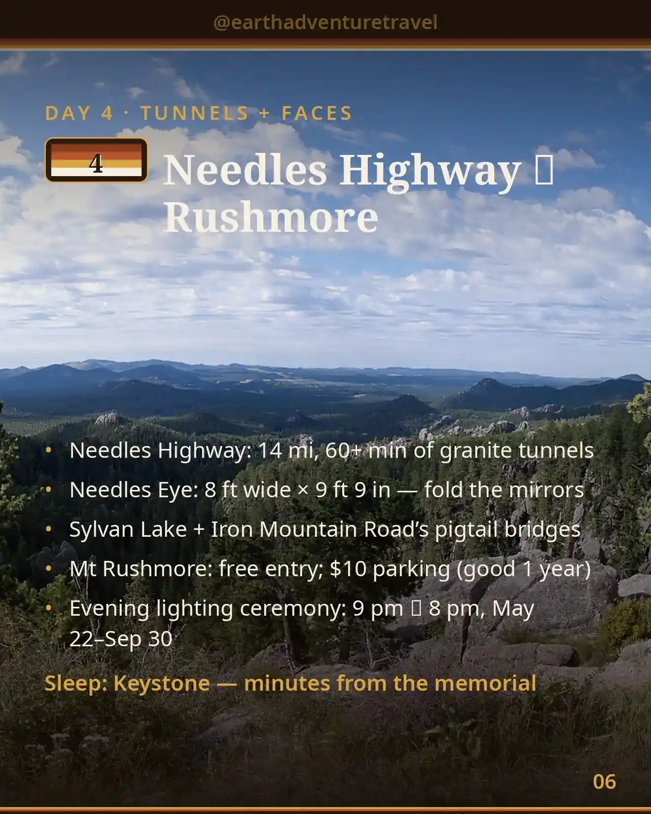 Day 4 itinerary card: Needles Highway, Iron Mountain Road, Rushmore lights