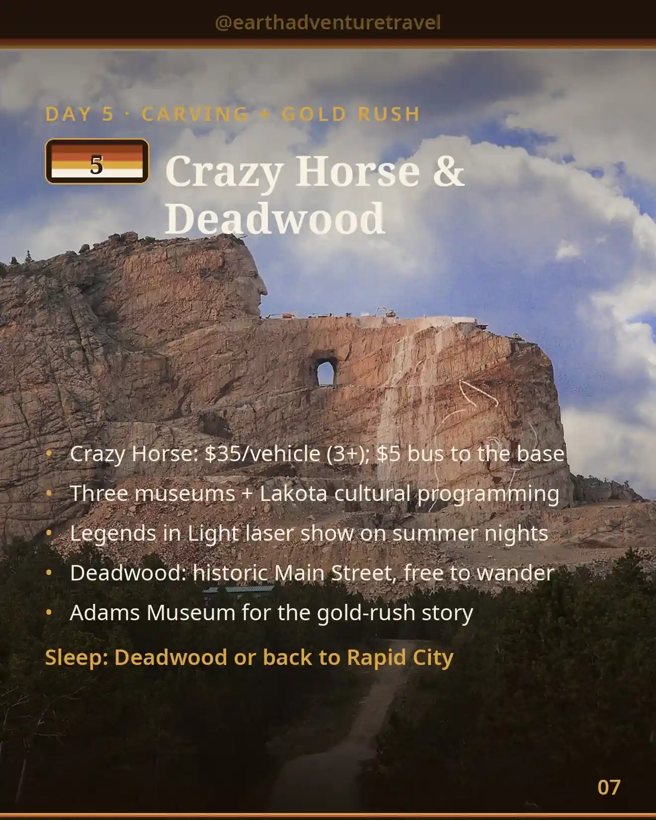 Day 5 itinerary card: Crazy Horse Memorial and Deadwood