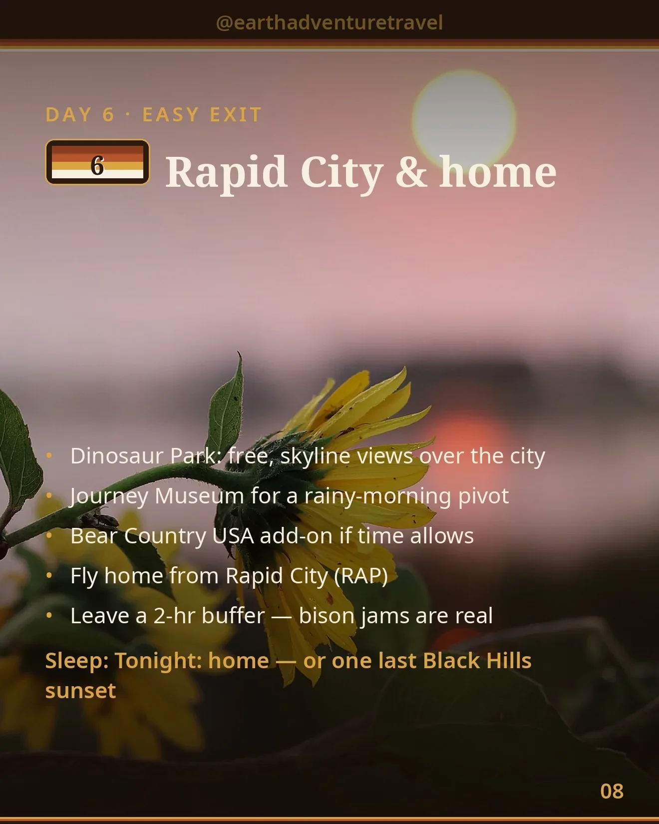 Day 6 itinerary card: Rapid City departure day