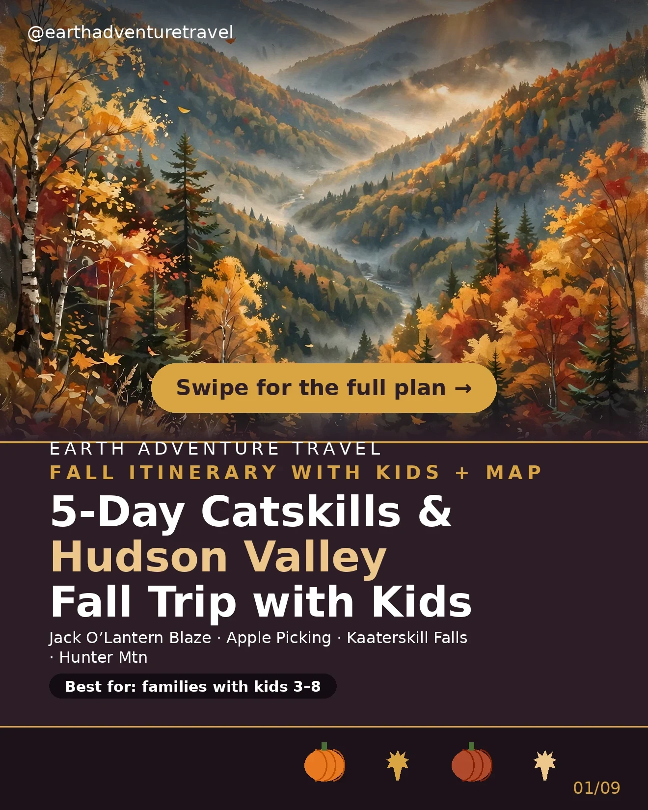 Illustrated Catskills and Hudson Valley fall trip with pumpkins for families with kids