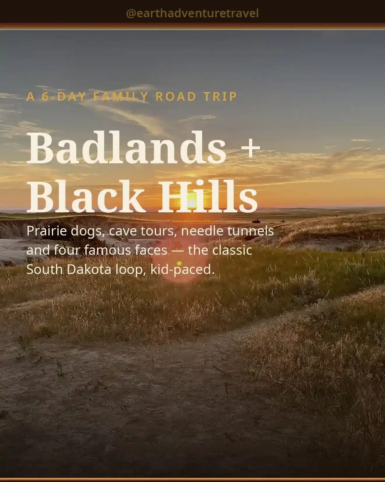 Badlands + Black Hills guide cover: striated canyon walls at sunset — a 6-day family road trip