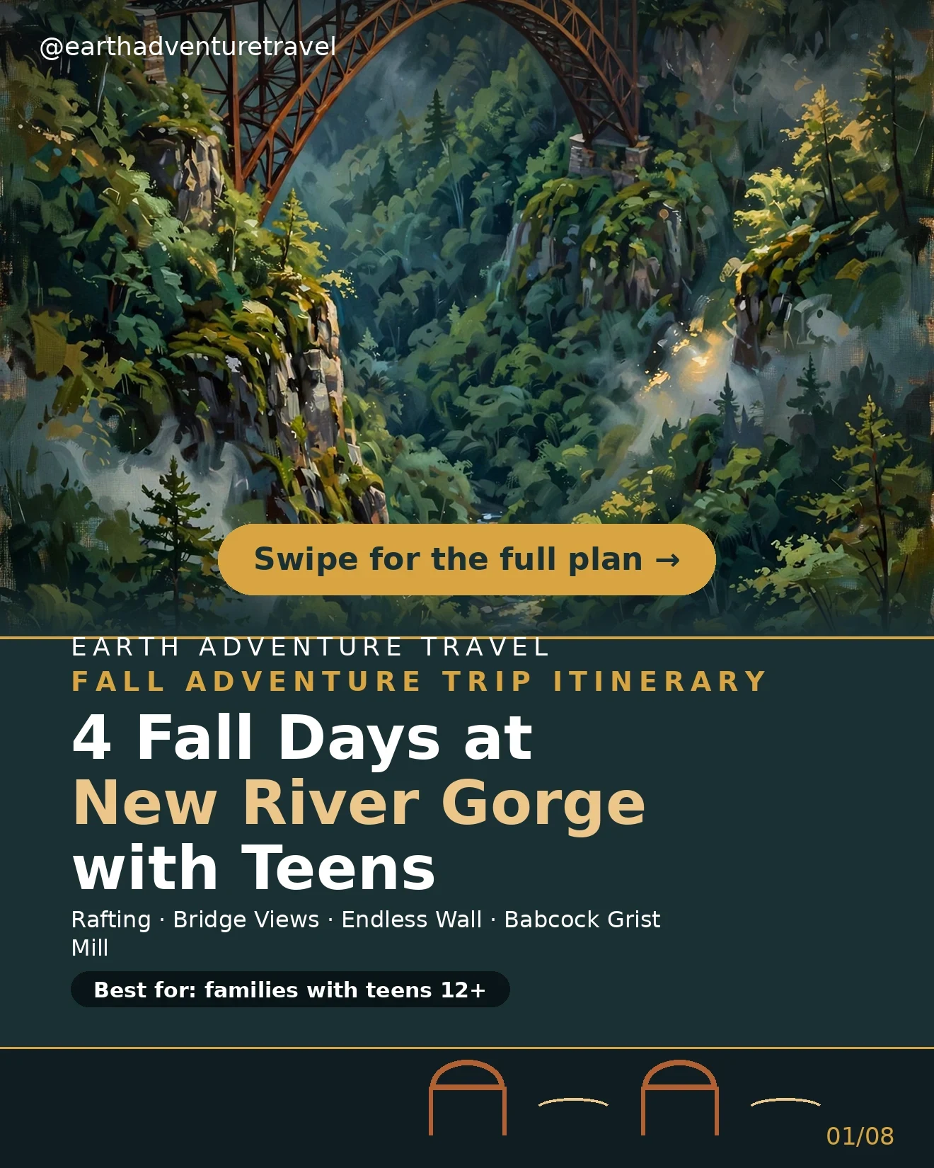Illustrated New River Gorge fall adventure with a bridge over the gorge