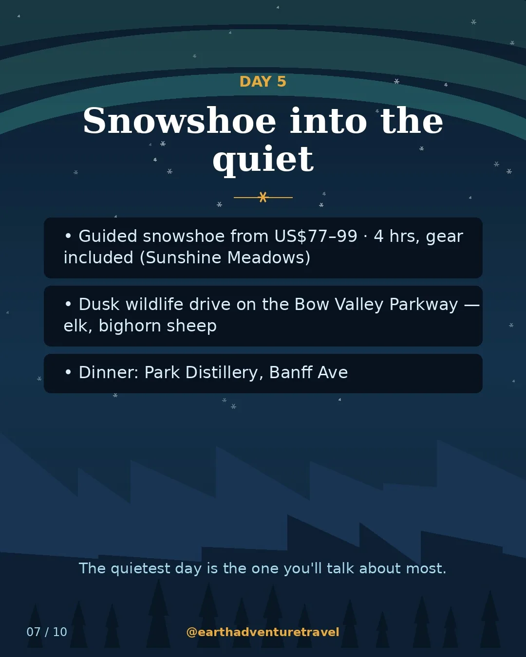 Day 5 graphic: snowshoeing an alpine meadow