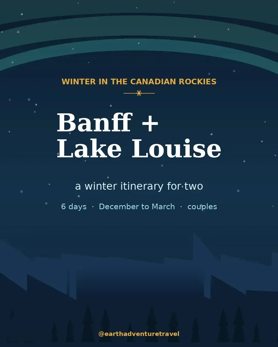Illustrated Banff winter guide cover: aurora ribbons over snowy peaks and a pine forest