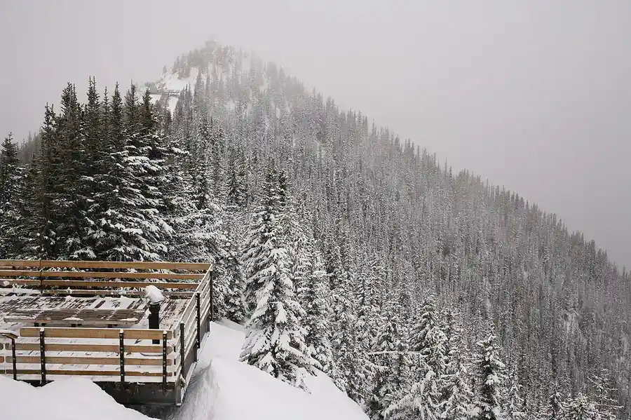The snowy summit boardwalk on Sulphur Mountain