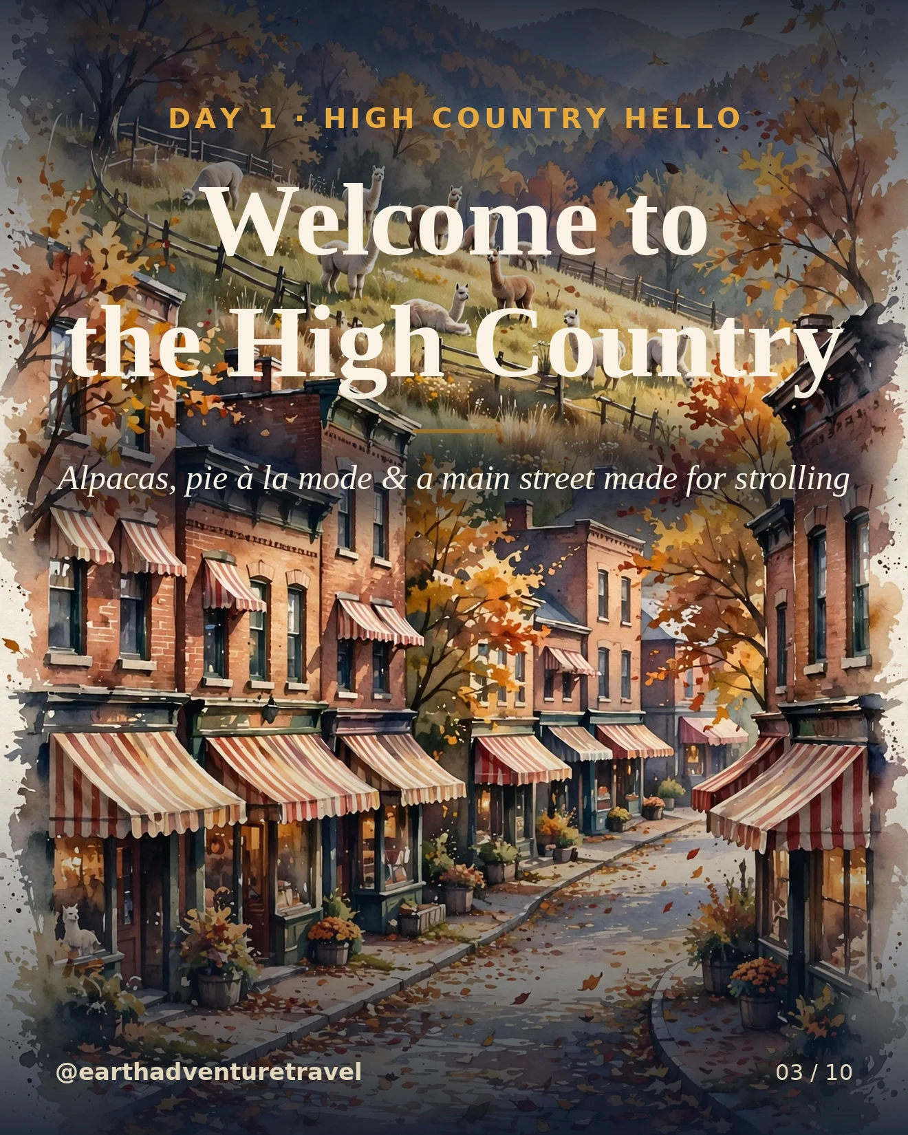 Day 1 itinerary card: welcome to the High Country, alpacas and small-town gold