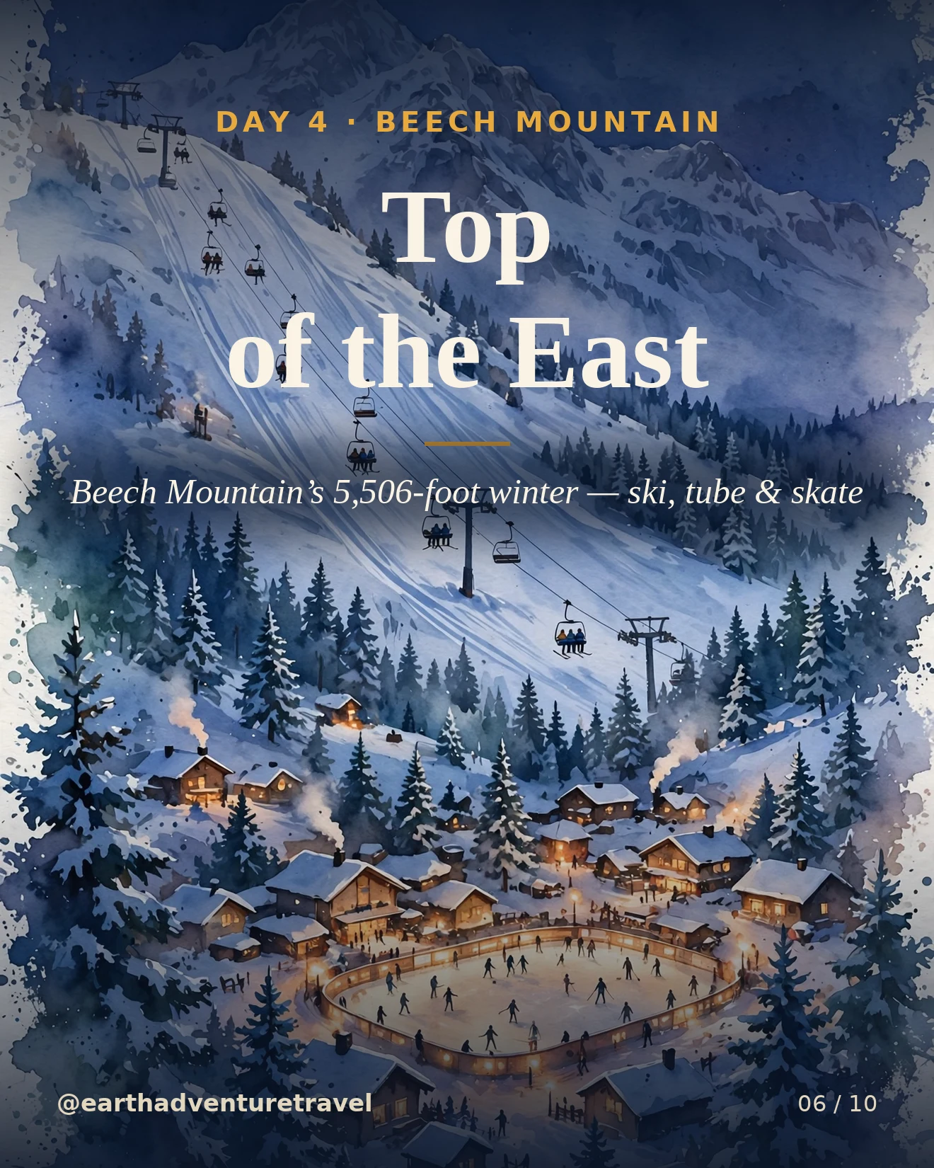 Day 4 itinerary card: top of the East at Beech Mountain