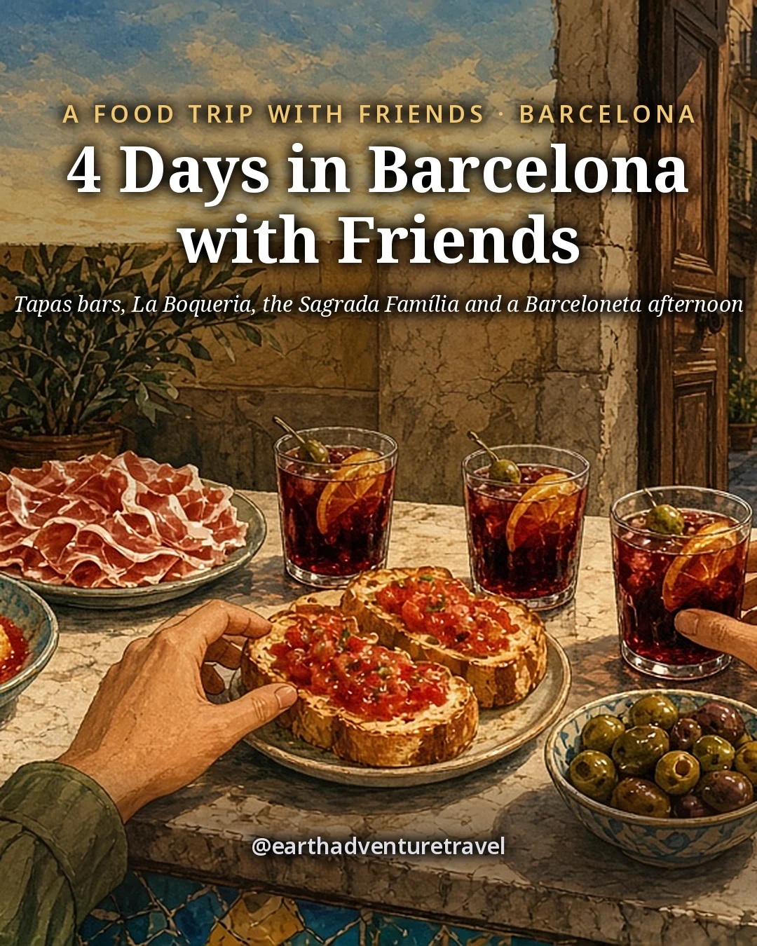 Illustration: the cover for 4 Days in Barcelona with Friends, three friends’ hands reaching across a marble bar for small plates of tapas, glasses of red vermouth with orange slices and olives, under a tiled wall