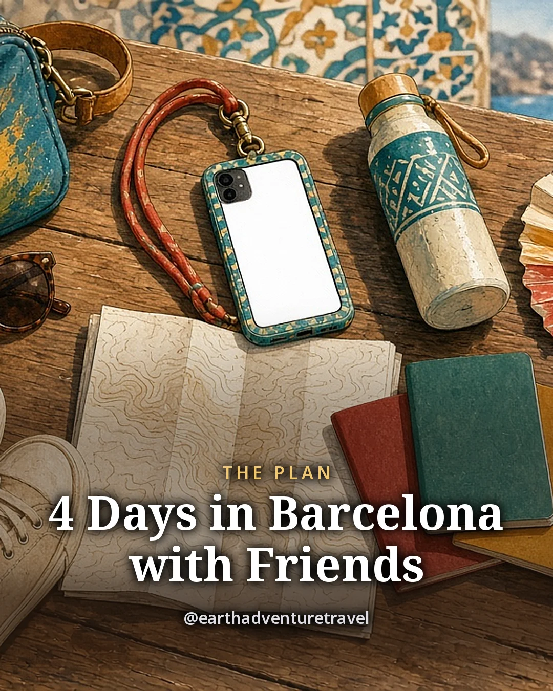 Illustration: a cross-body zip bag, a metro card, phones with tickets, sunglasses, a folded fan, a small tin of anchovies, a vermouth glass with an orange slice and a beach towel on a patterned tile floor, original illustrated plan card for 4 days in Barcelona with friends