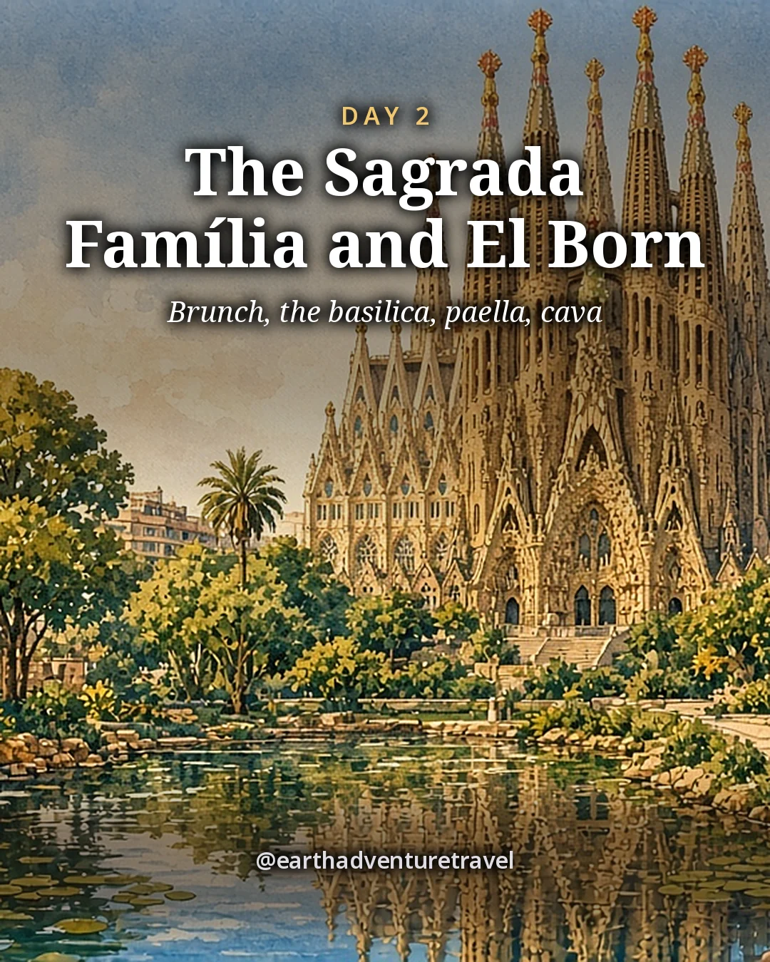 Illustration: the towers of the Sagrada Família seen across the pond of the park in front of it, with trees and a bench in the foreground, illustrated day card for Day 2
