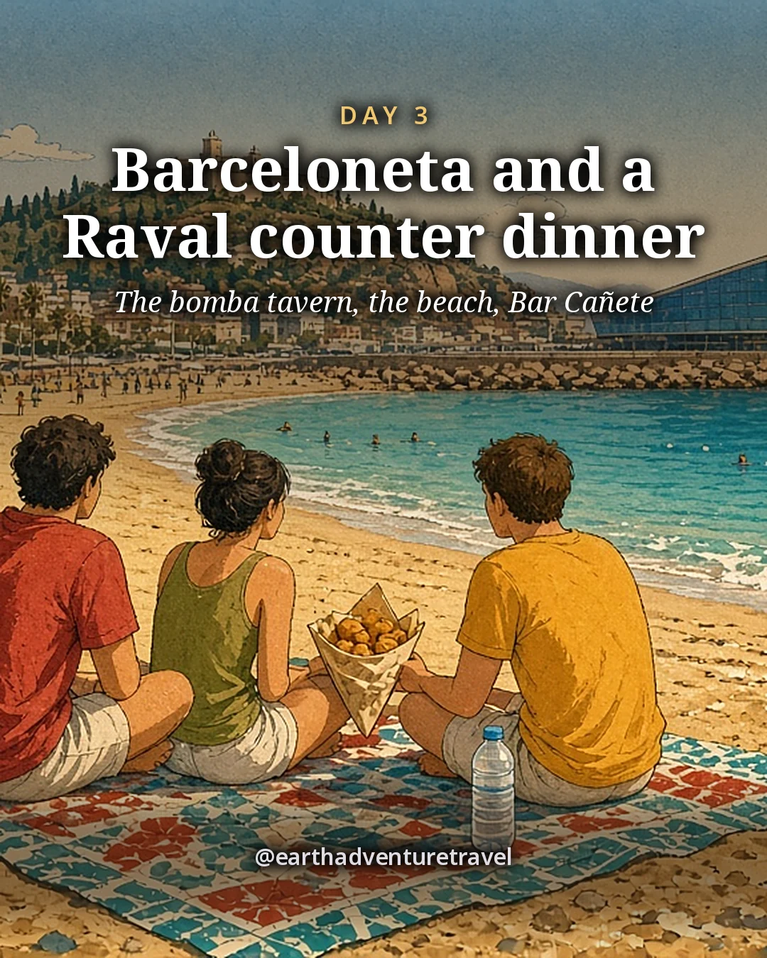 Illustration: three friends on Barceloneta beach in the late afternoon, one holding a paper cone of fried fish, the sea and the beach promenade behind them, illustrated day card for Day 3