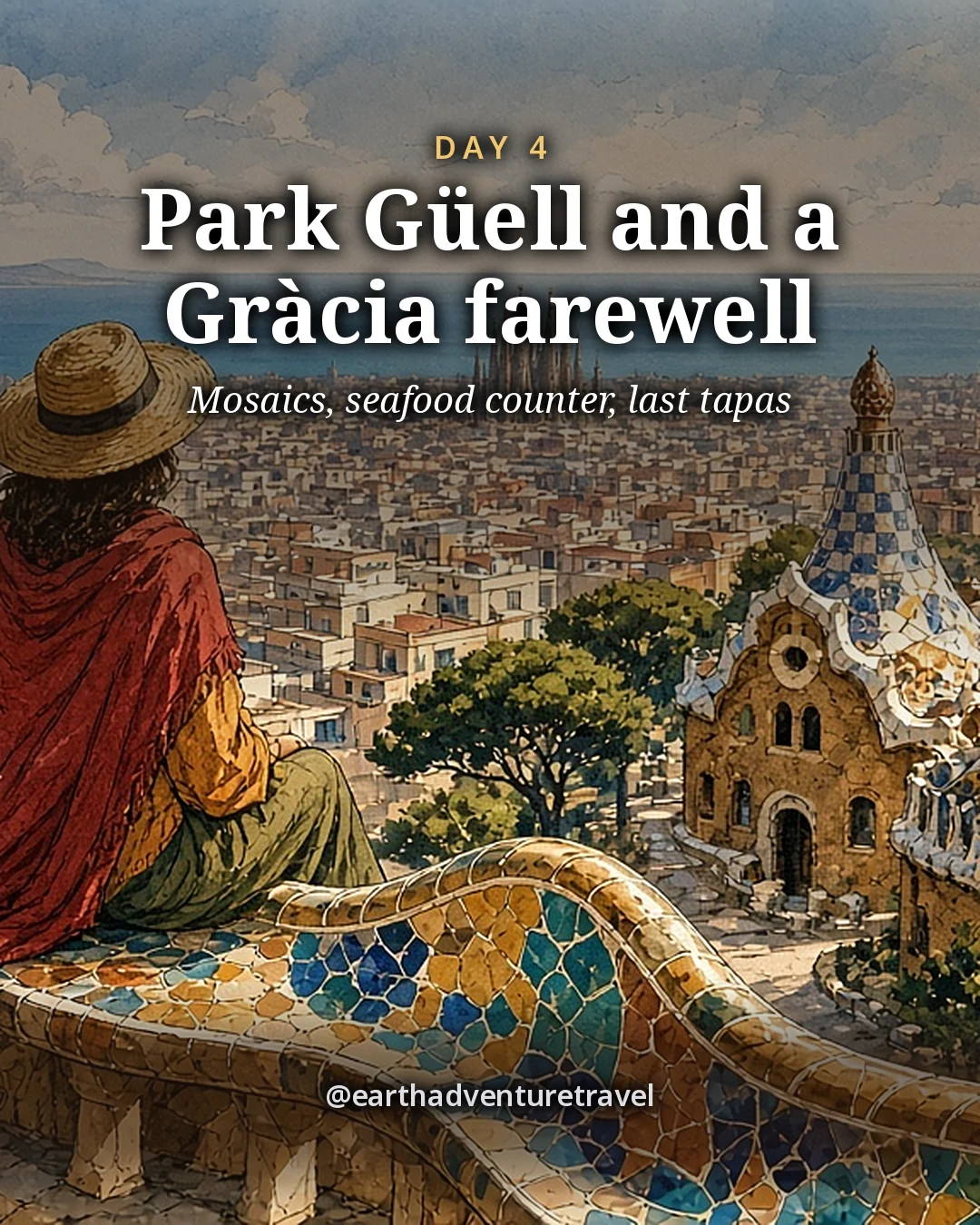 Illustration: the serpentine mosaic bench of Park Güell in bright broken-tile colours, with the city and the sea beyond, illustrated day card for Day 4