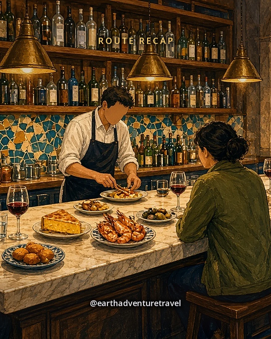 Illustration: three friends on stools at a tapas bar counter, small plates, glasses of vermouth and a hanging ham, seen from behind the bar, original illustrated recap card