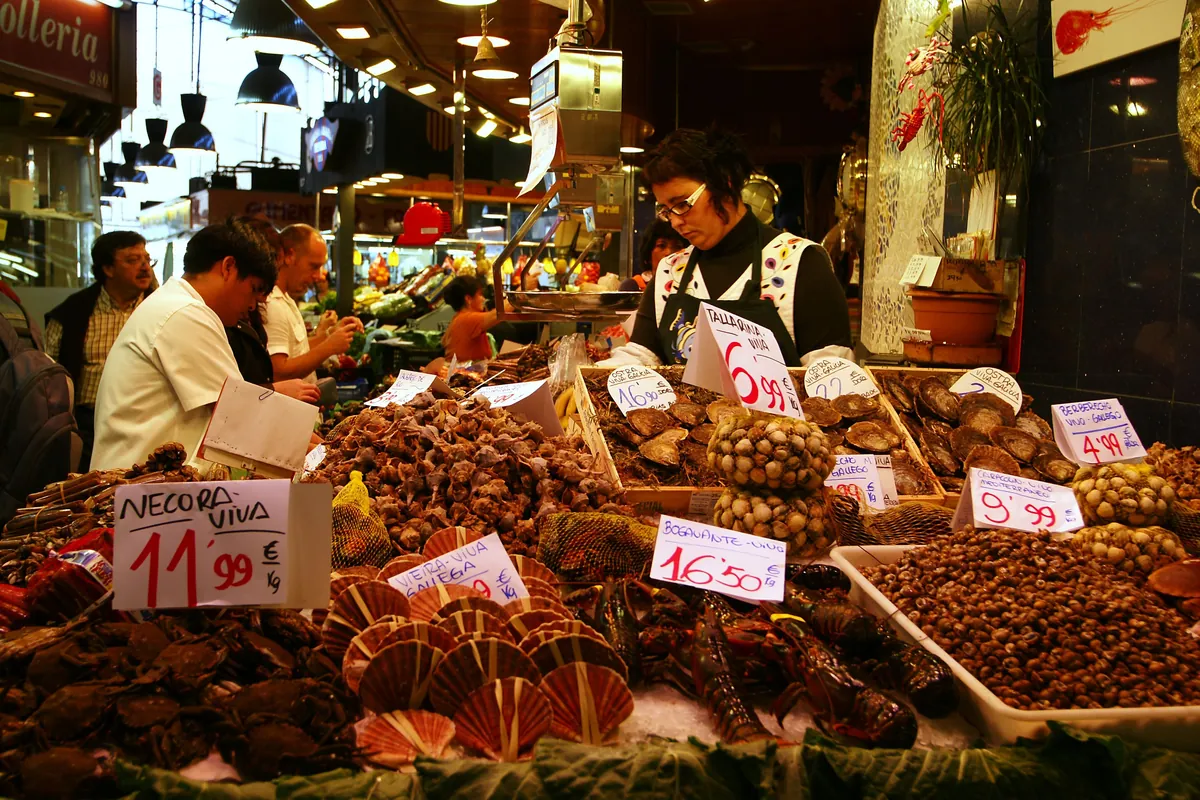 Stalls inside La Boqueria market in Barcelona