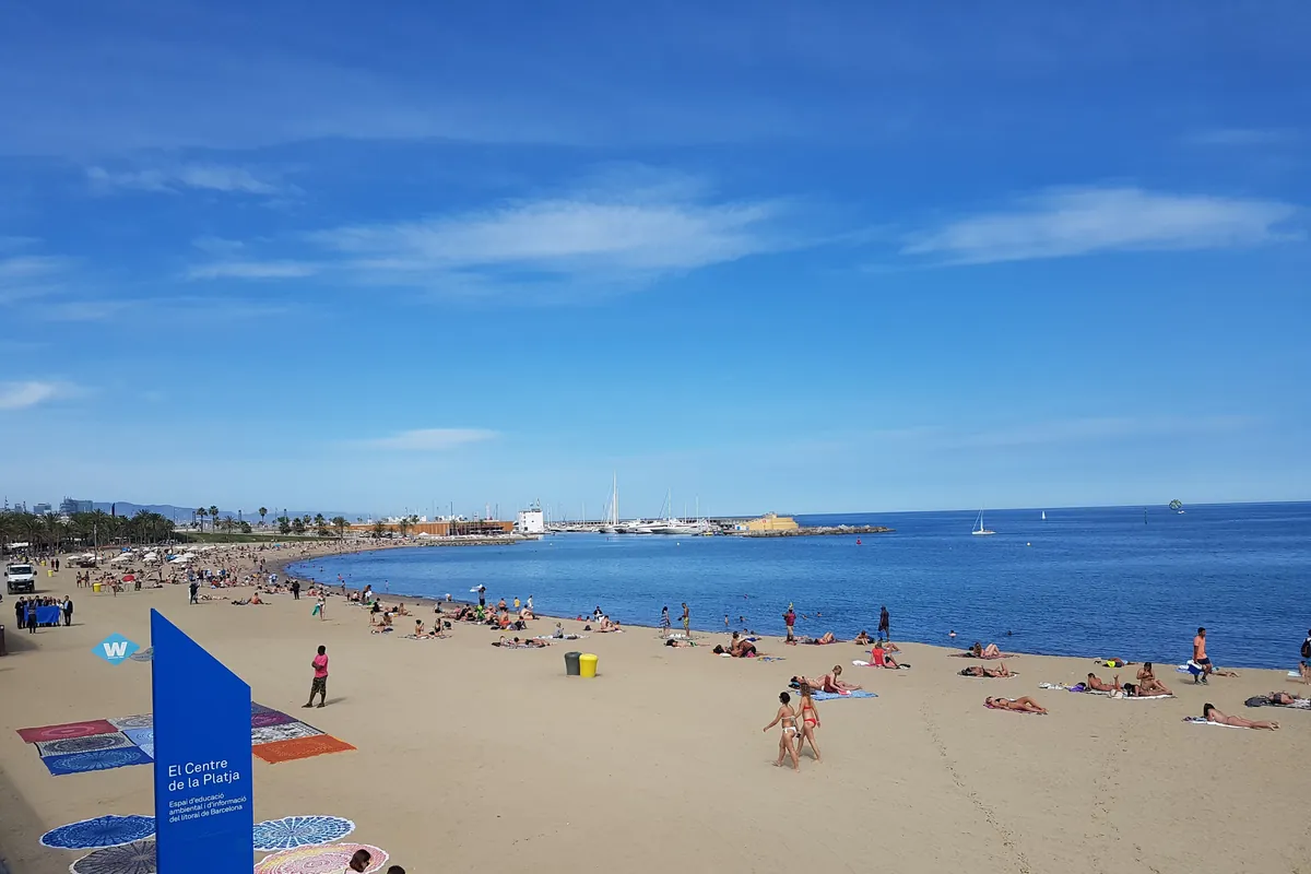 Barceloneta beach in Barcelona with the promenade behind