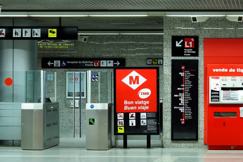 A Barcelona metro train at a station platform