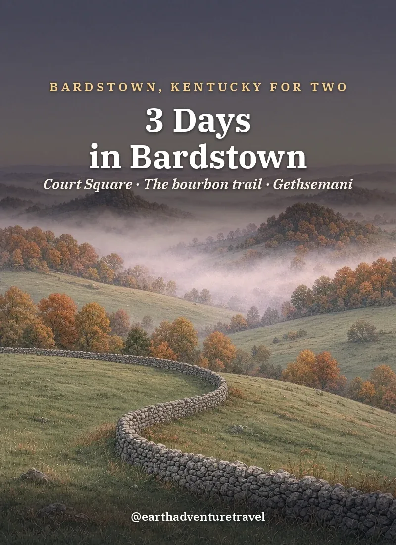 Original Illustration: a red brick Federal mansion with white columns on a hill above a winding drive in Bardstown