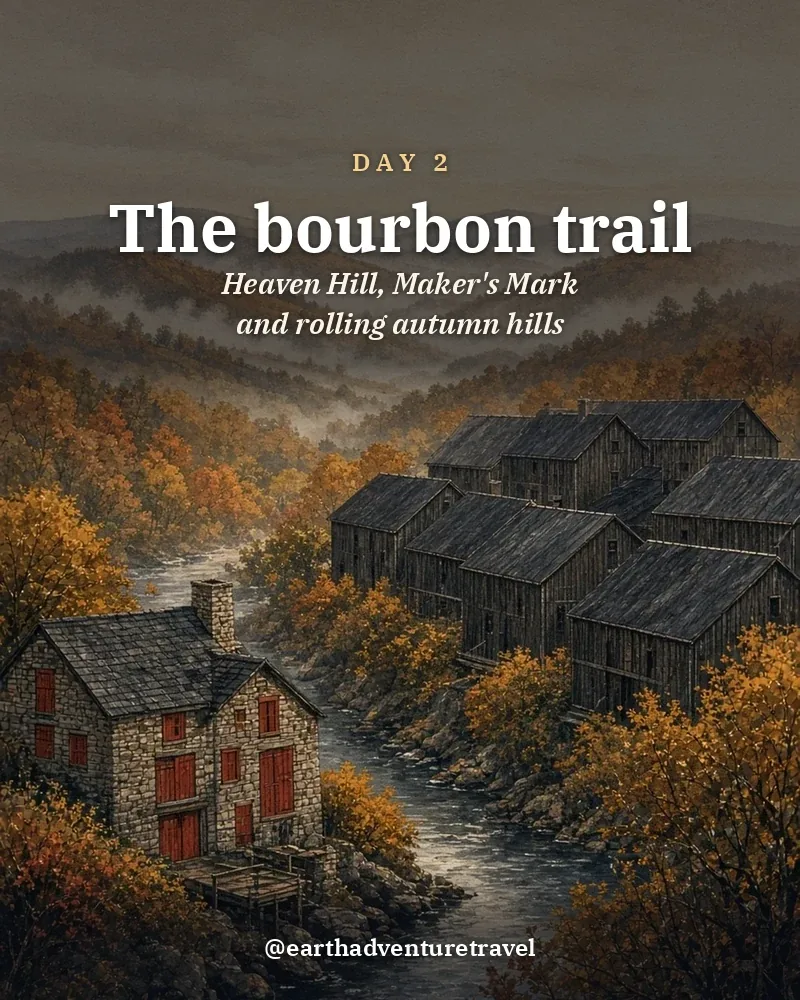 Illustrated day card: Heaven Hill, Maker's Mark and rolling autumn hills