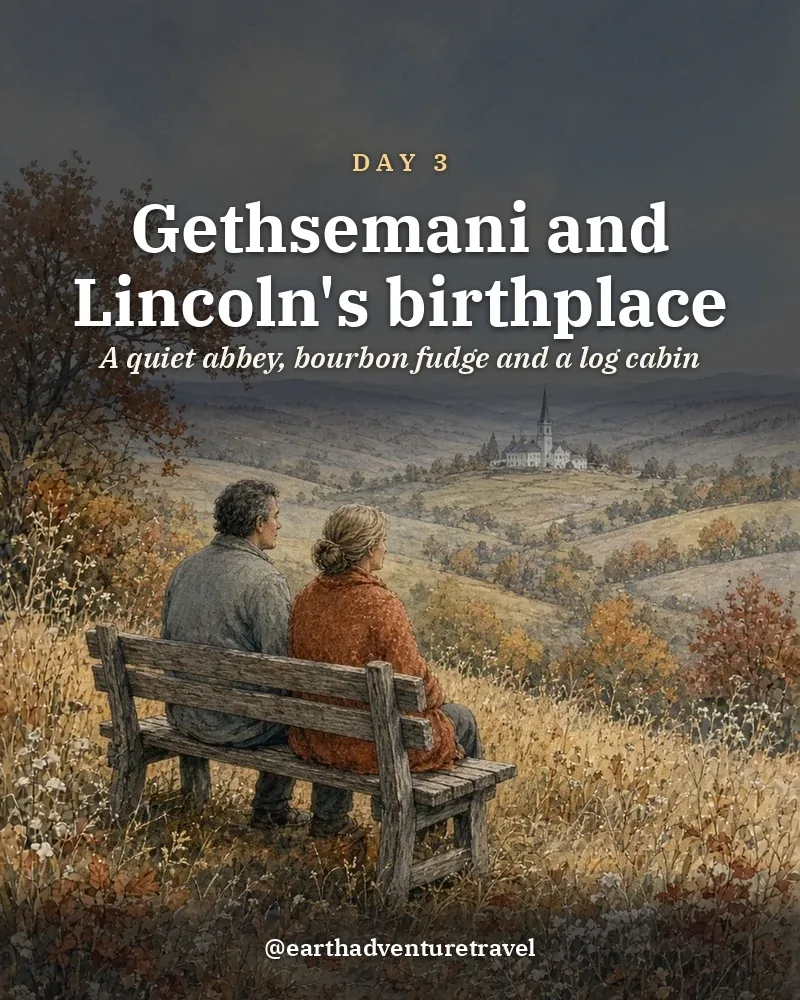 Illustrated day card: A quiet abbey, bourbon fudge and a log cabin