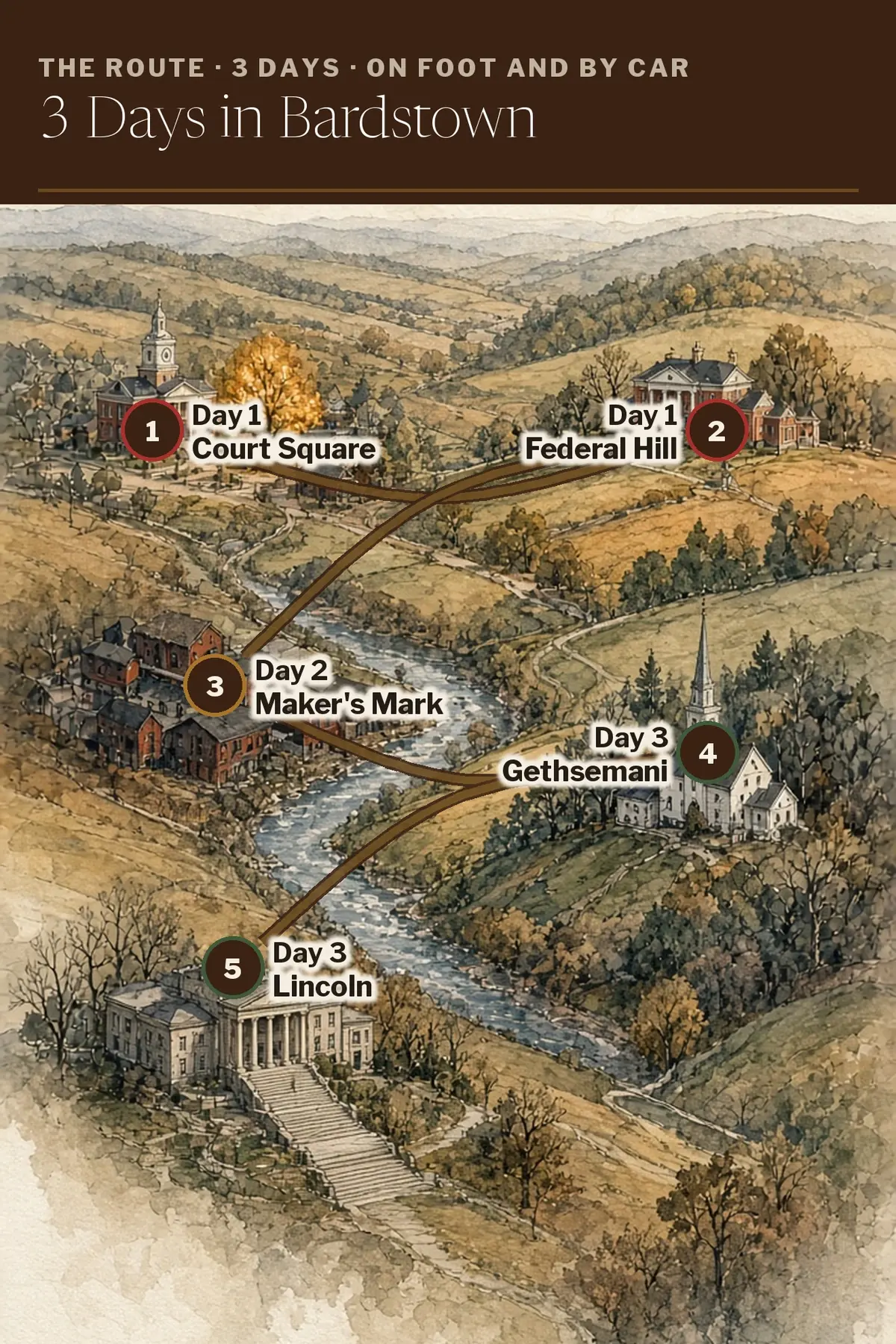Illustrated route map: Court Square, My Old Kentucky Home, Maker's Mark, Abbey of Gethsemani, Lincoln Birthplace