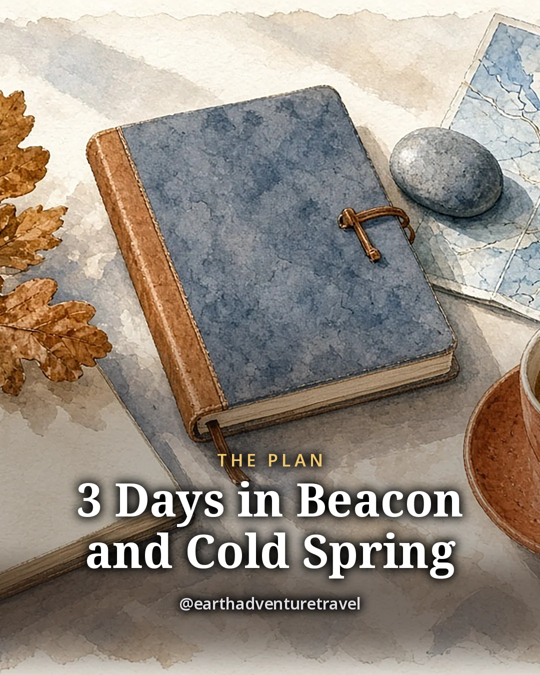 Illustration: a blue cloth-bound notebook with a ribbon, a smooth river stone, oak leaves and a cup of coffee on a wooden table, original illustrated plan card