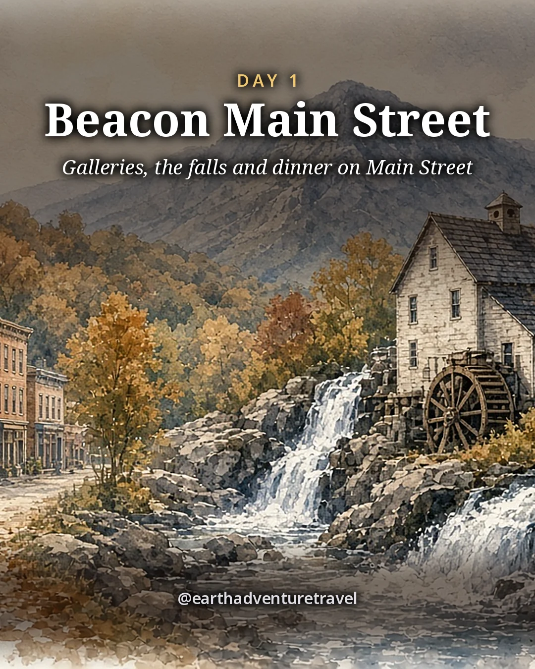 Illustration: a waterfall tumbling past an old stone mill with a water wheel among autumn trees on Fishkill Creek in Beacon, illustrated day card for Day 1