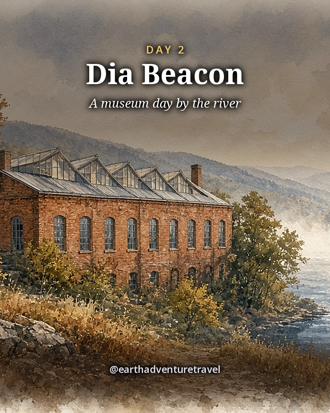 Illustration: a long red-brick factory building with a sawtooth roof of skylights beside the Hudson in autumn, illustrated day card for Day 2