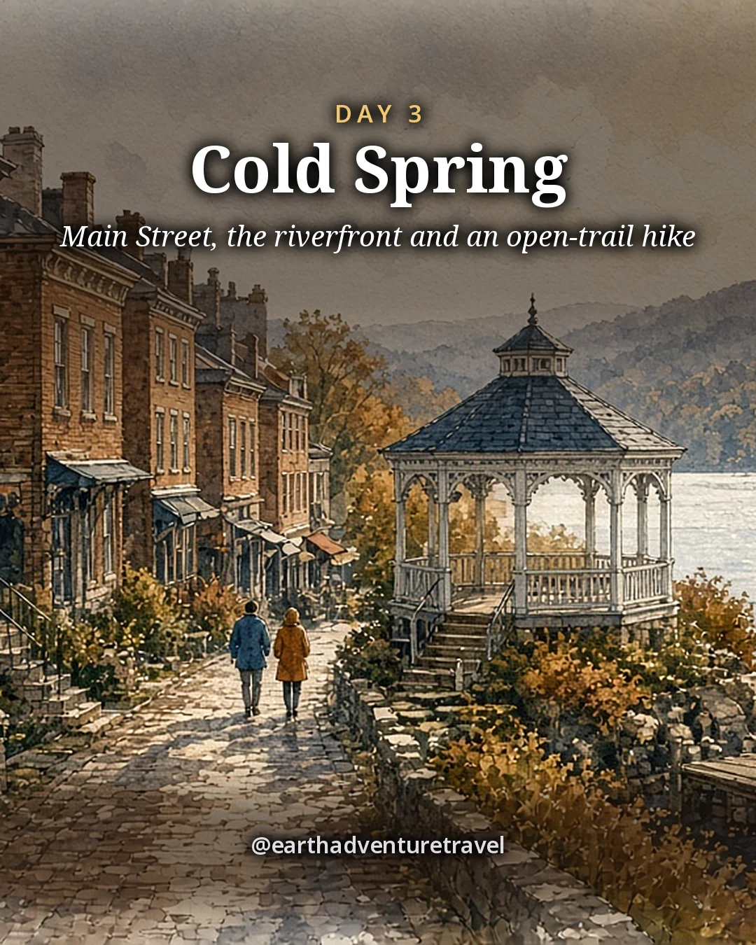 Illustration: two friends walking down a brick-lined main street toward a white riverside gazebo under autumn trees in Cold Spring, illustrated day card for Day 3