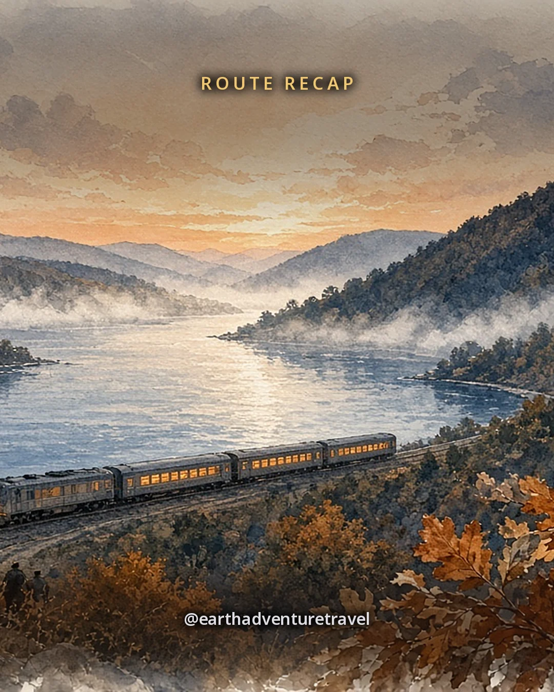 Illustration: a passenger train running along the bank of the Hudson at sunset below misty autumn hills, original illustrated recap card