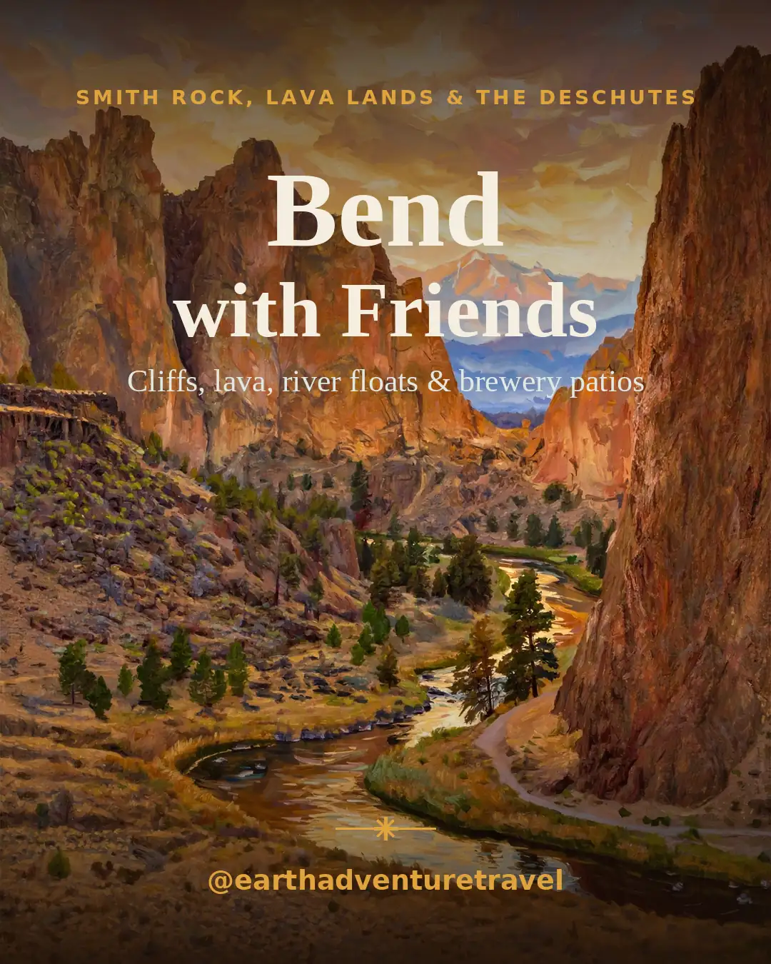 Illustrated Bend friends guide cover: Smith Rock spires above the Crooked River at golden hour