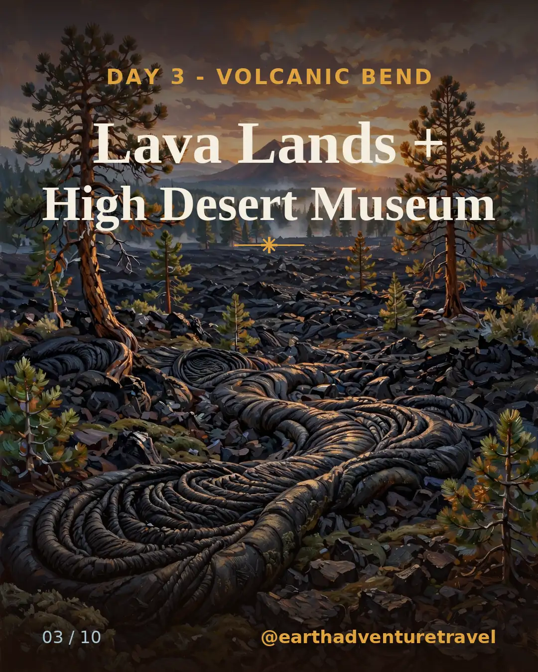 Day 3 graphic: lava fields and Lava Butte at Newberry Volcanic Monument