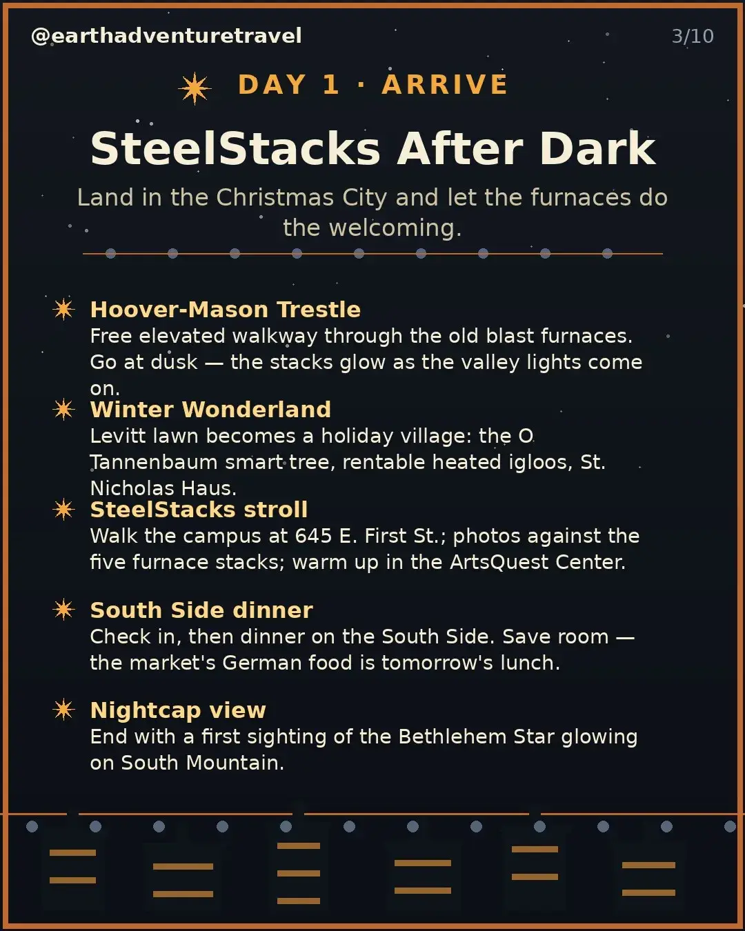 Day 1 graphic: arrive at the SteelStacks blast furnaces