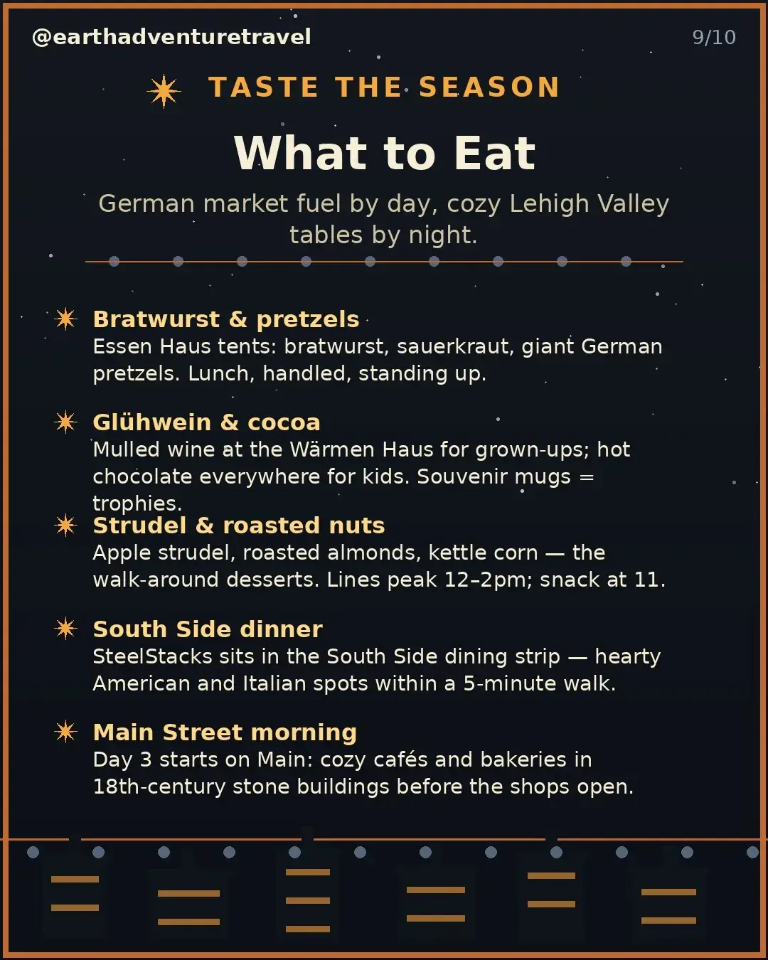Food guide graphic for Bethlehem: market bratwurst, pretzels, and Main Street restaurants