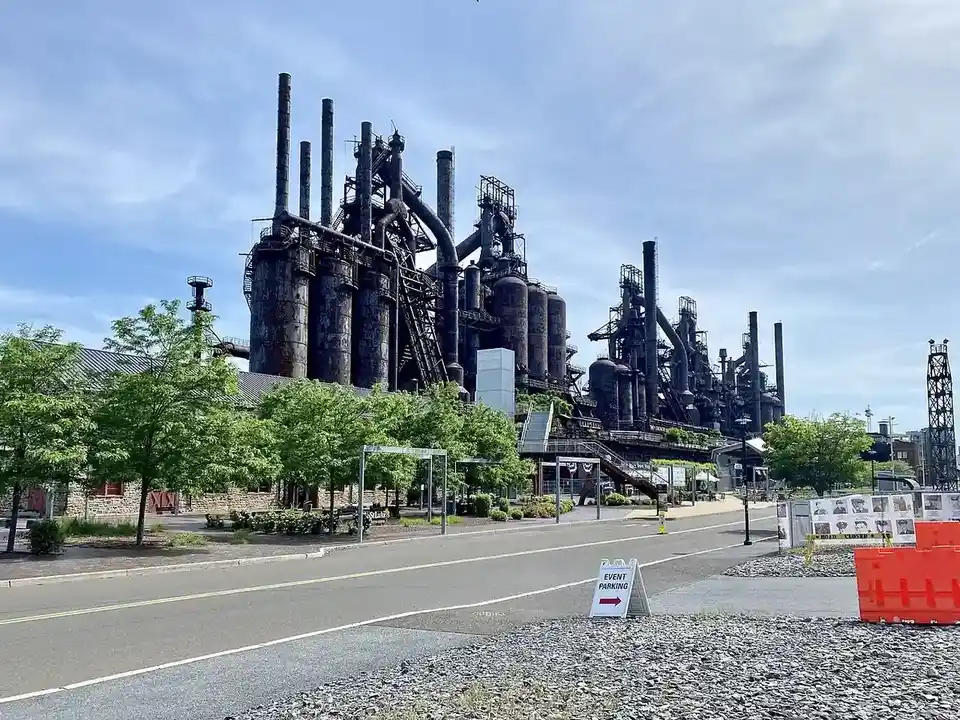 The old Bethlehem Steel blast furnaces lit up at night in Bethlehem, Pennsylvania
