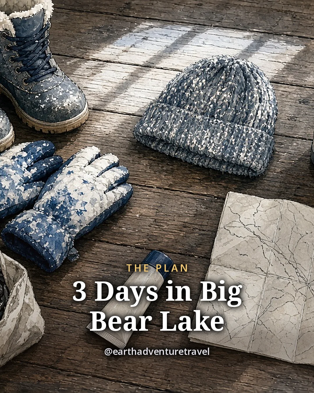 Illustration: kids’ snow boots, waterproof mittens, a knit beanie, a thermos, a bag of tire chains, sunscreen and a folded blank trail map on a cabin wood floor, original illustrated plan card for 3 days in Big Bear Lake