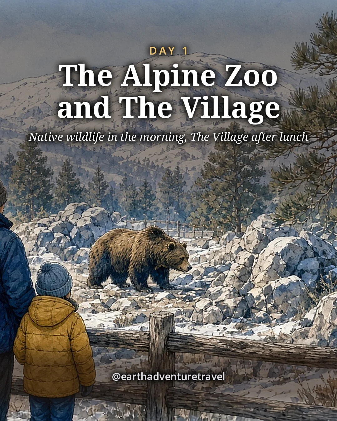 Illustration: a parent and small child in winter coats at a wooden rail watching a grizzly bear among granite boulders and pines, a snowy ridge behind, illustrated day card for Day 1