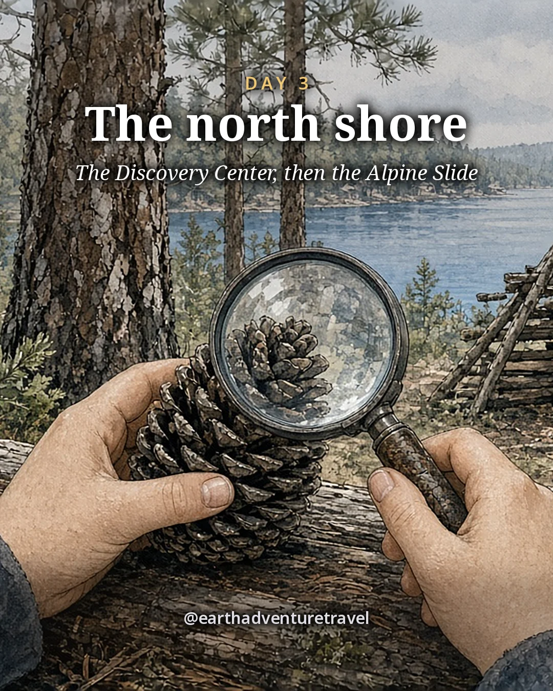 Illustration: a child’s hands holding a pine cone and a magnifying glass on a log, nature-play log shelters and the lake through the pines behind, illustrated day card for Day 3