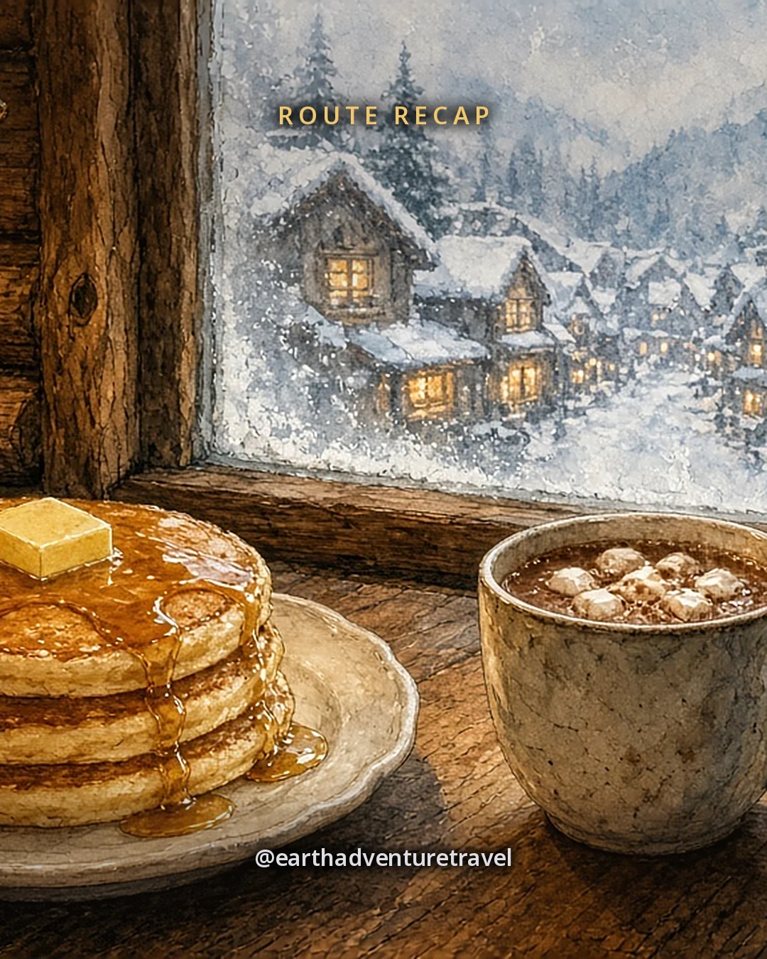 Illustration: a stack of pancakes with butter and syrup, a mug of cocoa with marshmallows and a cup of crayons on a diner table by a frosted log-cabin window onto a snowy village street, original illustrated recap card