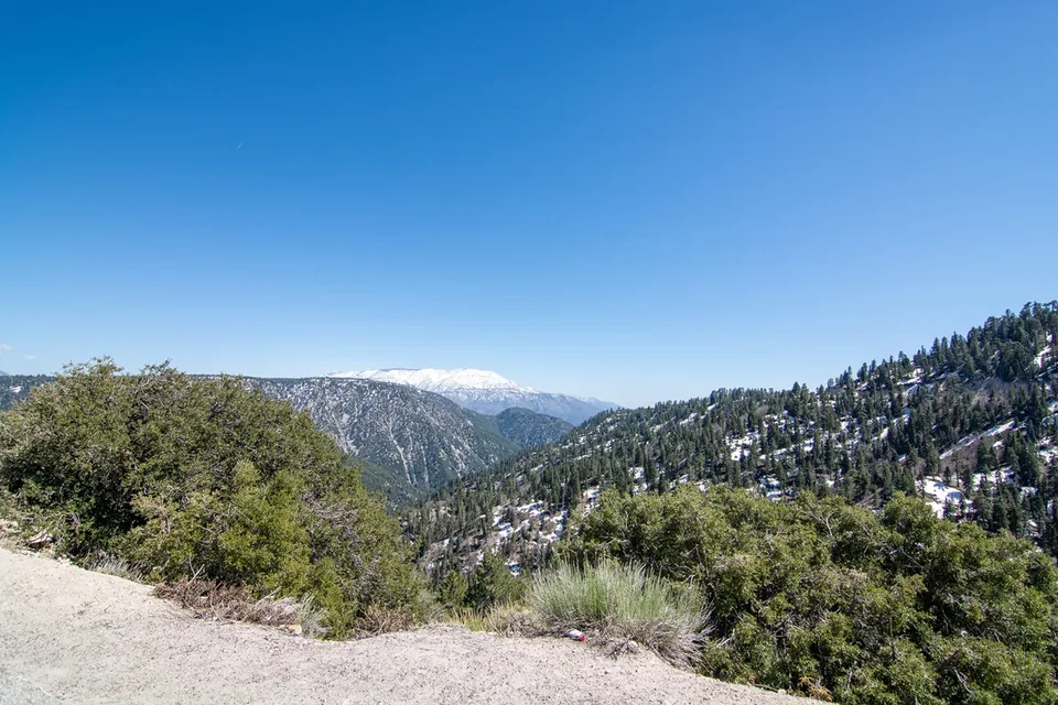 A mountain viewpoint near Big Bear with pines, scrub and distant ridges under a clear sky