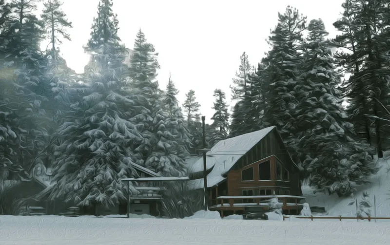 A wooden cabin among tall snow-covered pine trees in a California mountain forest