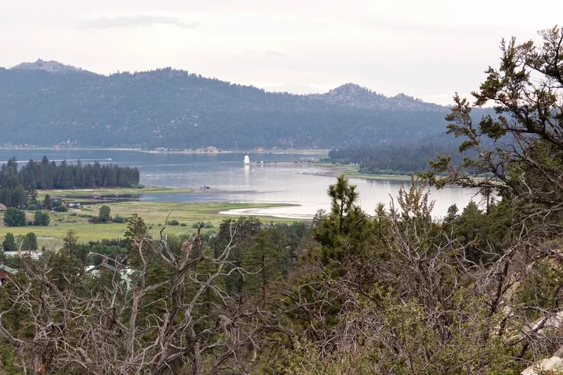 Big Bear Lake seen from the east, with water, meadow and mountains beyond