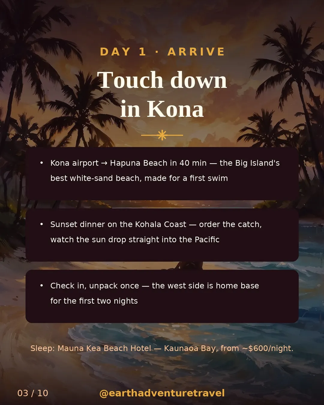 Day 1 itinerary slide: arrive in Kona, Hapuna Beach, Kohala Coast sunset
