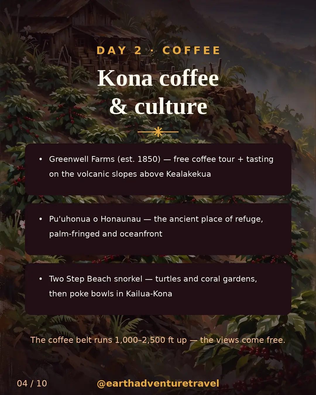 Day 2 itinerary slide: Kona coffee farms, place of refuge, Two Step snorkel