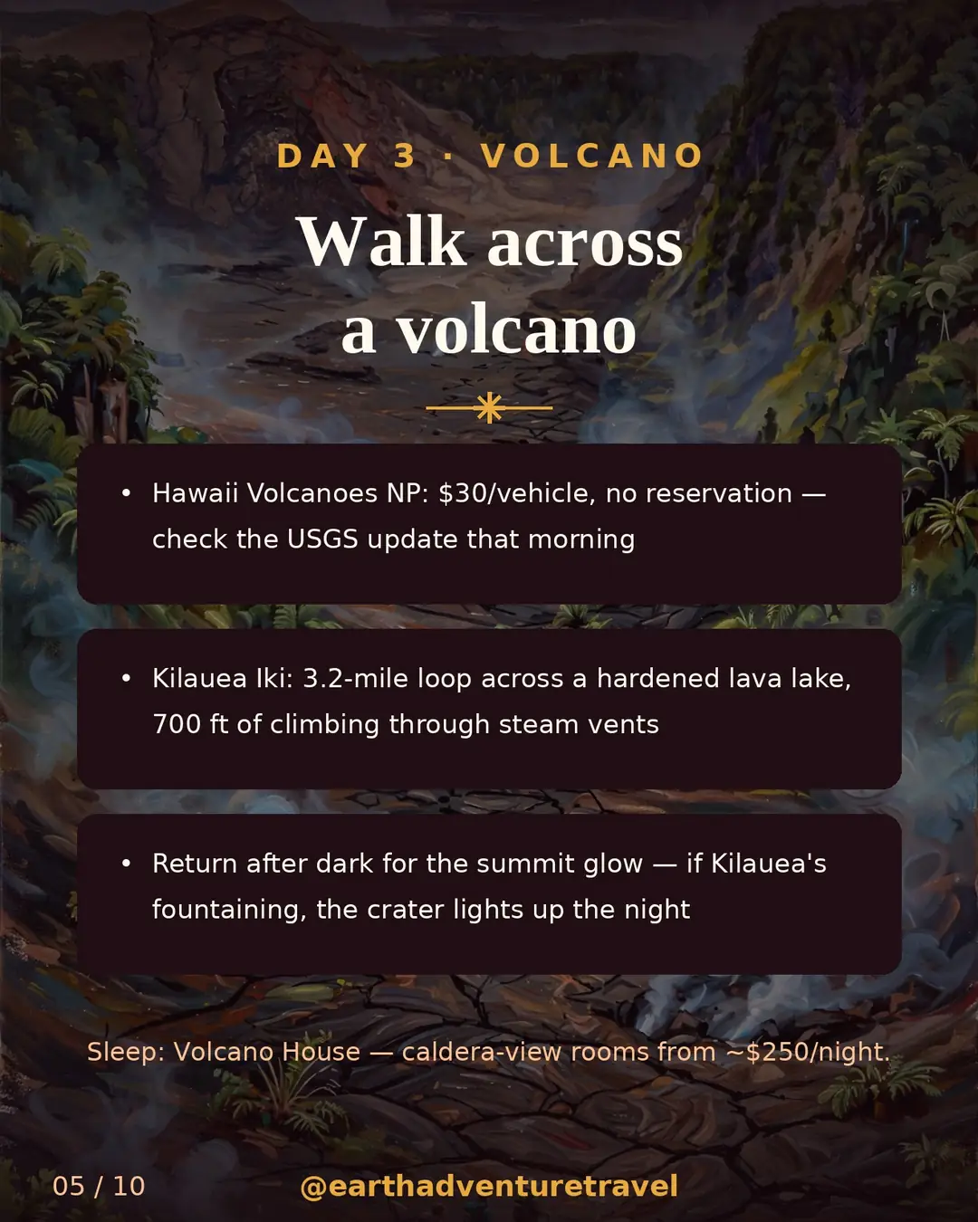 Day 3 itinerary slide: Kilauea Iki hike, summit glow after dark